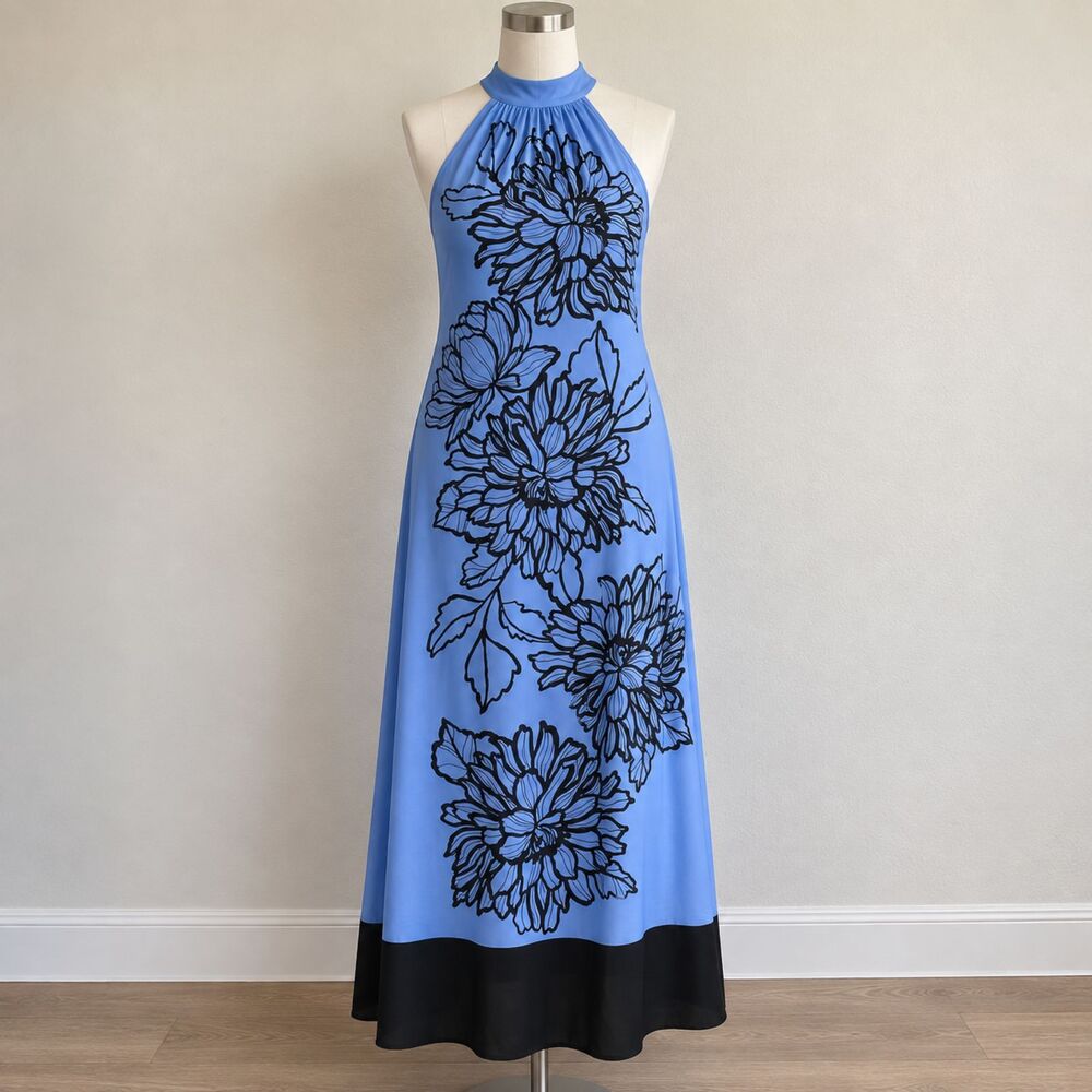 VINCE CAMUTO Periwinkle Blue Statement Floral Halter Maxi Dress, Size XS